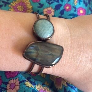 🦋 Vintage Boho Chic Labradorite Amazonite Bangle Handcrafted Healing Bracelet